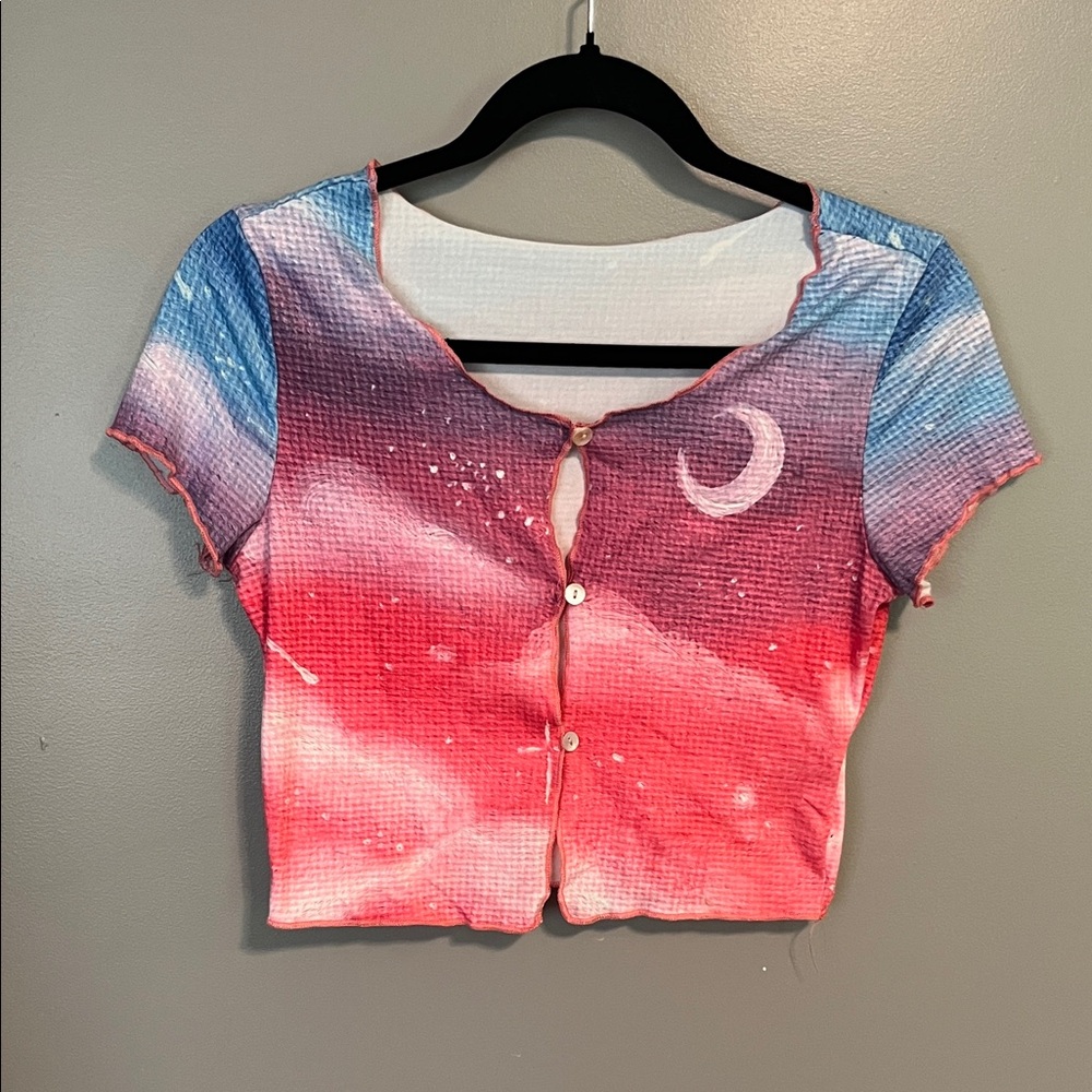 SHEIN Pink and Blue Celestial Button Down Top